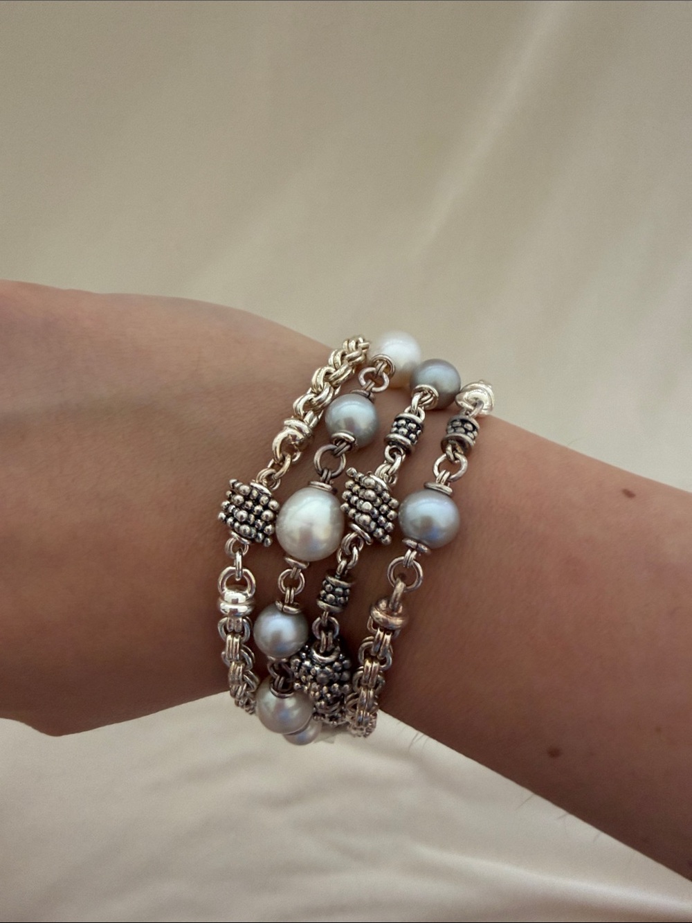 Michael Dawkins Silver and White Pearl Multi-Strand Bracelet